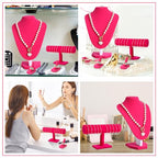 Wenqik 4 Pcs Velvet Jewelry Display Set Velvet Necklace Bust Holder Bracelet Organizer 2 Ring Finger Jewelry Holder - color: Rose Red