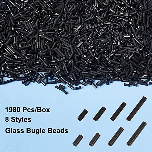 arricraft 4 Sizes Glass Bugle Beads, 1980 Pcs Opaque Frosted Black Charms, Small Craft Beads with Hole Long Tube Seeds for DIY Bracelet Necklaces Crafting Jewelry Making