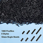 arricraft 4 Sizes Glass Bugle Beads, 1980 Pcs Opaque Frosted Black Charms, Small Craft Beads with Hole Long Tube Seeds for DIY Bracelet Necklaces Crafting Jewelry Making
