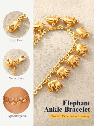 U7 Women Girls Barefoot Jewelry 18K Gold or Rose Gold Stainless Steel Heart/Rope/Figaro/Cuban Chain Anklet Foot Bracelet, 25-30 CM Long - color: Gold Plated-Elephant Charm