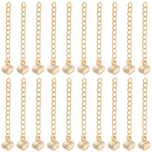 Beebeecraft 1 Box 20Pcs Bracelet Extender Chain with Heart Tag Necklace End Chains Real 18K Gold Plated Brass Lowe Charm 5.2cm Craft Cable Chain Extension for Jewelry Making DIY Crafts - color: Gold-stripe Heart