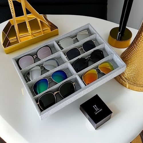 8 -Slot Premium Grade Velvet Sunglasses Eyewear Jewelry Show Tray Home Organizer Velvet Multifunctional Stackable - color: Gray-velvet 8