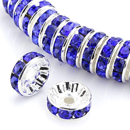 Allb 100Pcs Rondelle Spacer Beads 10mm Silver Plated Czech Crystal Rhinestone for Jewelry Making Loose Beads for Bracelets - color: Blue, size: 10mm