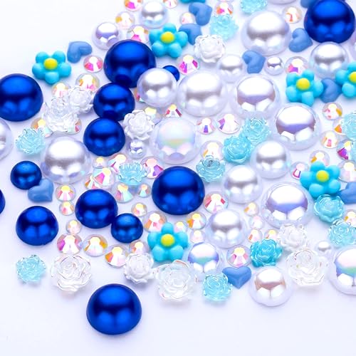 160g Blue White Flat Back Pearls Rhinestones with Gel for Crafts Mixed Size 3mm-10mm AB Color Round Half Pearls Flatback Pearl Beads and Resin Rhinestones Set for Face Art - color: Blue-White Series, size: 160g