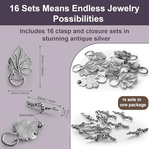Heather's CF Toggle Jewelry Clasps – Durable Quality, Antique Grape Leaves Silver Finish Toggle Clasps & Closures for Necklace, Bracelet & Charms – Ideal for DIY, & Jewelry Making – Large (Set of 16) - color: Large silver toggle clasp