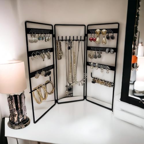 Jewelry Holder, Jewelry Organizer, folding 3 piece Jewelry Display Stand with Metal Frame, Necklace Earring Bracelet Holder, for Studs, Rings, Gift Idea, Gold, Silver, Black Color (BLACK) - color: BLACK