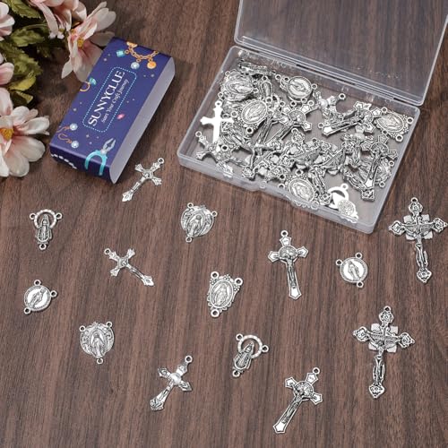 SUNNYCLUE 1 Box 48Pcs Rosary Charm Cross Charms Antique Silver Oval Chandelier Component Links Easter Tibetan Style Alloy Crosses Crucifix Pendants for Jewelry Making Necklace Bracelet Women DIY Craft - style: Rosary Charm 2