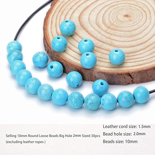 AD Beads Natural semi Precious Gemstone 10mm Round Loose Beads Big Hole 2mm Sized 30pcs (Blue Turquoise) - color: Blue Turquoise