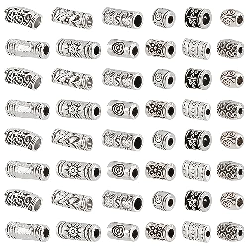 PH PandaHall 120Pcs Tibetan Silver Beads, 12 Style Large Hole Spacer Beads, Alloy Charms Assorted Column for Jewelry Making Crafts DIY