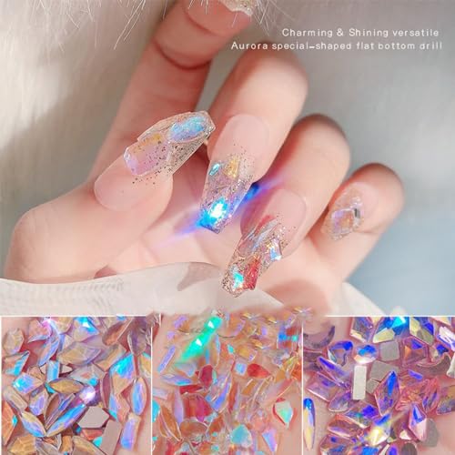 200PCS Aurora Nail Art Rhinestones Multi Shapes Mix 3D Glass Crystal Nail Gems Nail Charms Craft Heart Bear Star Irregular Iridescent Clear Nail Rhinestone Diamonds for Women Girls DIY Nail Art Design - color: Multi Shapes-9