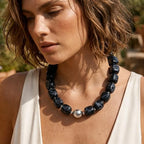 Mchic Colorful Beaded Choker Necklace for Women: Boho Large Square Acrylic Beaded Necklace Stainless Steel Adjustable Surfer Beach Strand Necklaces Summer Handmade Jewelry Gift for Women - color: Black-Silver