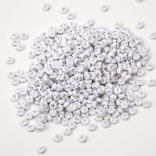 1000pcs 4x7mm Round Letter Beads White Acrylic with Silver Letter Alphabet for Jewelry Making Friendship Bracelets (Silver White) - color: Silver White