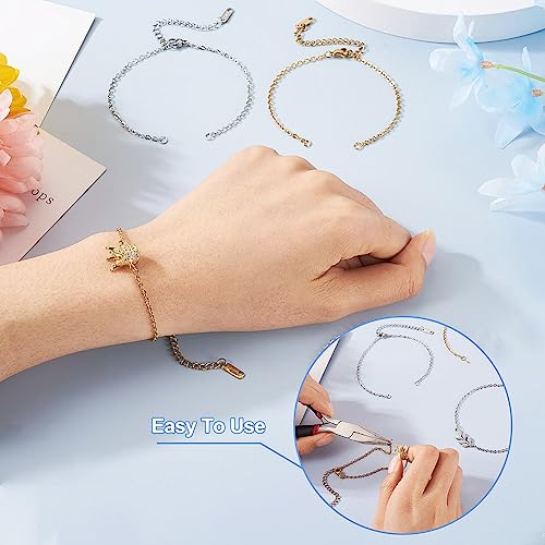 KISSITTY 8pcs Golden Silver Adjustable Bracelet Chains 304 Stainless Steel Cable Extender Chains Replacement with Clasp for Women Friendship DIY Necklaces Bracelets Jewelry Making