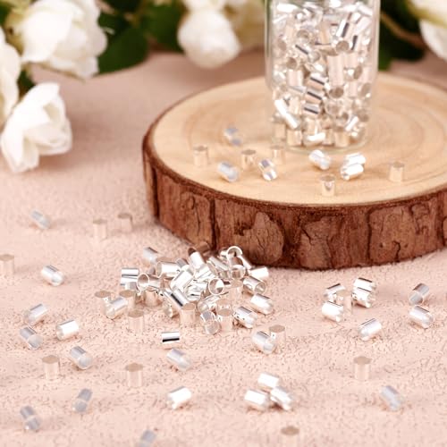 Pandahall 400Pcs Tiny Brass Tube Crimp Beads End Caps Column Crimps Stopper Beads Nickel Free for DIY Jewelry Making (Silver Color)