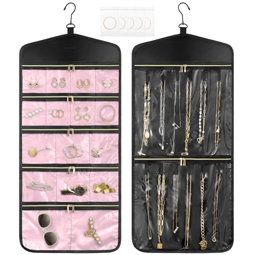 CHICECO Travel Jewelry Holder Organizer,Hanging Jewelry Organizer Storage with Zippered Pockets for Cloest,Jewelry Holder for Earrings, Necklaces (Pink Black) - color: Pink Black