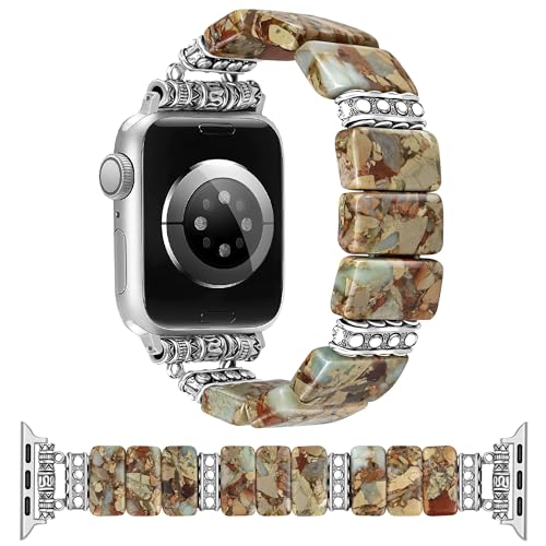 Newlibery Beaded Natural Stone Bracelet Band Women Compatible with Apple Watch 38/40/41/42mm(S10/11) Boho Elastic Western Vintage Imperial Stone Strap for iWatch Series 11/10/9/8/7/6/5/4/3/2/1/SE - color: A4 Khaki, size: 38/40/41/42mm(S10/11)-S (fit 5.3“-