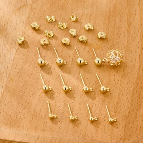 Gold Earrings Post for Jewelry Making, 12Pcs 3/4/5mm 925 Sterling Silver Earrings Ball Studs with Loop, Hypoallergenic Gold Ear Findings Butterfly Backs Supplies Set Studs Posts for Earrings Making - color: Ball_Gold