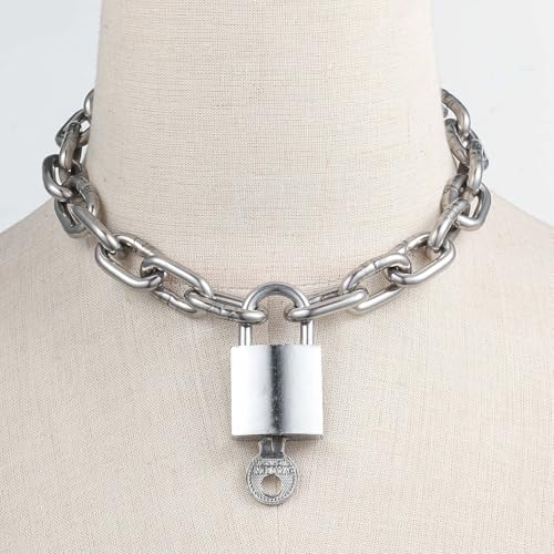 Heavy Chunky Stainless Steel Lock Necklace punk gothic Padlock Choker Chain for Men Jewelry - size: 15.7, style: 4MM