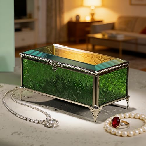Glass Vintage Jewelry Box Keepsake storage Trinket Ring Display Box Home Decor Embossed Clear Glass Box Organizer(6.5x3.5x3.3Inches) - color: Green