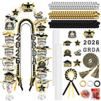 Graduation Candy Lei Making Kit Class of 2026 DIY Lei PE Bags Tubing Money Leis 2026 Graduation Ribbon Necklace Include 2 x 5 ft PE Bags 90 Pcs Flower Accessories for Grad Party Supplies (Gold, Black) - color: Gold, Black