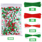Livder Christmas Beaded Ornament Kit, Include 1000 Pieces Red Green White Plastic Beads, 60 Pieces Chenille Stems, 64 Feet Ribbon for Xmas Wreath Tree Decorations DIY Crafts Jewelry Making - size: Small