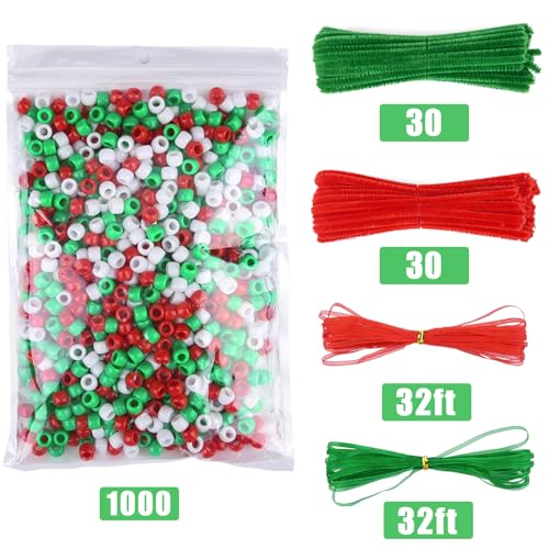 Livder Christmas Beaded Ornament Kit, Include 1000 Pieces Red Green White Plastic Beads, 60 Pieces Chenille Stems, 64 Feet Ribbon for Xmas Wreath Tree Decorations DIY Crafts Jewelry Making (Pack of 2) - size: Small (Pack of 2)