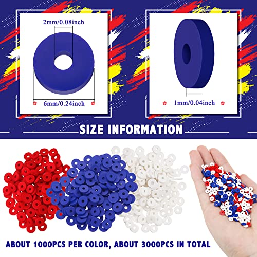 Batiyeer 3000 Pcs Red White and Blue Clay Beads Bracelet Making Kit 6 mm Patriotic 4th of July 250th Anniversary Spacer Beads Heishi Polymer Clay Bead for Necklace Earring Bracelet Making - color: Red, Blue, White