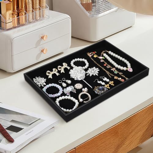 6-Piece Velvet Stackable Jewelry Organizer Trays – 13.8" x 9.5" Large Size Black Premium Display & Storage for Necklaces, Bracelets, Rings & More