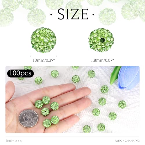 100 Pcs Light Green Rhinestone Beads for Jewelry Making, Sparkle Crystal Clay Christmas for Bracelet Baseball Necklace Earring Crafting and DIY, Shiny Round Shamballa Disco Ball Beads Bulk - color: Light Green, size: 100 pcs