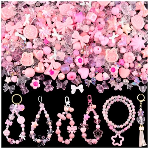 200-260PCS TINKRSTUFF Assorted Pink Acrylic Beads for Bracelet Making, Cute Beads for Jewelry Making,Flower Bow Butterfly Candy GummyBear Aesthetic Bracelet Charms DIY Necklace Keychain Phone Charm - color: PINK