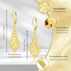 925 Sterling Silver Dangle Earrings for Women, 14K Gold Plated Filigree Dangling Leverback Earrings, Geometric Hypoallergenic Lightweight Dangly Drop Earings for Women Trendy Jewelry Gifts - color: A-14K Gold