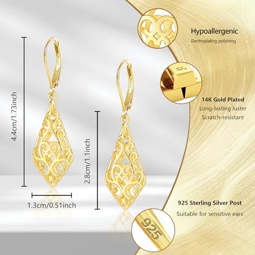 925 Sterling Silver Dangle Earrings for Women, 14K Gold Plated Filigree Dangling Leverback Earrings, Geometric Hypoallergenic Lightweight Dangly Drop Earings for Women Trendy Jewelry Gifts - color: A-14K Gold