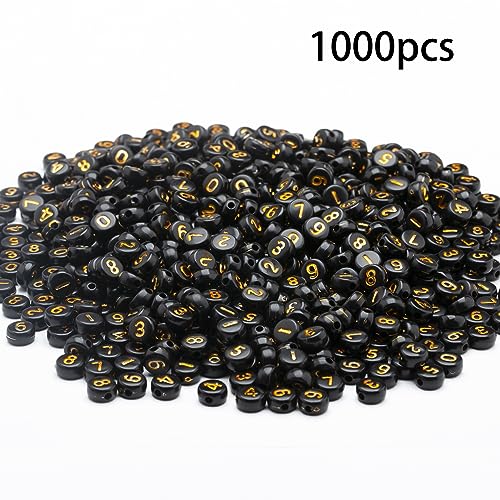 1000pcs Acrylic Number Beads 0-9 Round 4x7mm Mixed for Jewelry Making and DIY Bracelets, Necklaces, Key Chains (Black Gold) - color: Black Gold