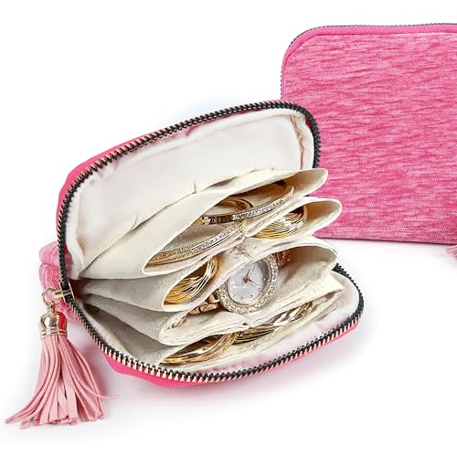 LOTOFUN Jewelry Organizer Case for Travel: Valentines Day Gifts for Women 5-Layer Velvet Zipper Pouch Bag for Bangles Link Bracelets Storage Protect from Tangle Scratch (Hot Pink) - color: Hot Pink