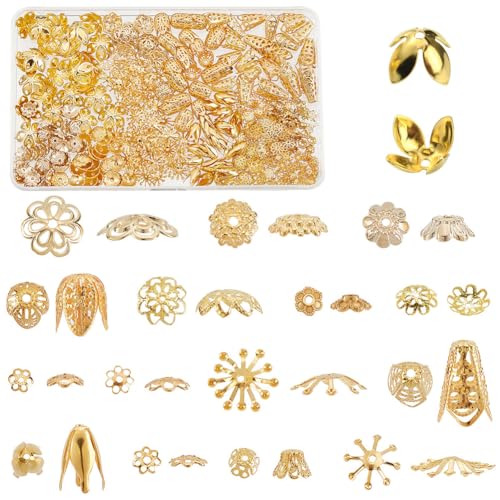 SUNNYCLUE 1 Box 480Pcs 16 Styles Antique Gold Bead Caps Hollow Flower Beads Cap Filigree Vintage Tibetan Spacer Metal Beads Caps for Jewelry Making Bracelet Necklace Earrings Findings Arts Supplies - color: 480pcs 16 Styles Golden