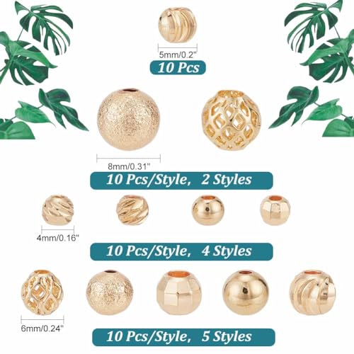 PH PandaHall 120pcs 14K Gold Spacer Beads 4/5/6/8mm Beads Brass Round Beads Metal Loose Beads Long-Lasting Spacers for Clay Bead Summer Bikini Beach Layered Stackable Necklace Bracelet Jewelry Making