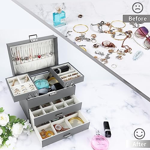 Dajasan Jewelry Organizer Box, Large Jewelry Boxes for Women Girls, Space-Saving 4 Layers Jewelry Storage Case with Drawer, Movable Metal Stand, Modern, Gift Idea (Grey) - color: Grey + Silver