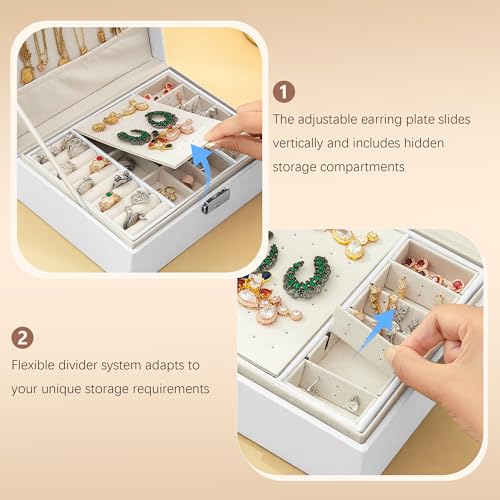 Homeanda Jewelry box 2 layer Jewelry box Leather Jewelry boxes for Women Girls Teens Jewelry organizer box Jewelry Storage box with lock(White) - color: White