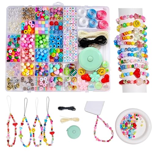 MYCUTEY DIY Phone Charm Making Kit with 657Pcs Colorful Pony,Letter,Football,Star,Flower Beads,Craft Supplies for Jewelry-Making,Necklace,Bracelet Personalized Name Making Gift for Women Kids Girls - color: Phone Charm Kit