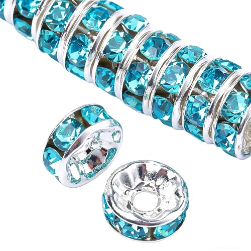 Weebee 100Pcs Rondelle Spacer Beads Crystal Charms Silver Plated Czech Rhinestone Loose Beads for Jewelry Making DIY Bracelets (Aquamarine, 10mm) - color: Aquamarine, size: 10mm