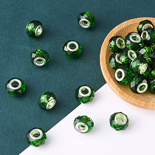 100pcs Green Glass Beads 14mm Large Hole European Beads Christmas Green Lampwork Loose Spacer Bead for Bracelet DIY Craft Necklace Earring Making Hole: 5mm - color: Dark Green
