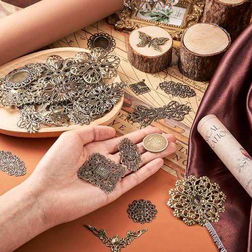 Cheriswelry 84pcs Tibetan Iron Filigree Joiners Antique Bronze Vintage Link Charms Rhombus Flower Butterfly Triangle Teardrop Metal Necklace Pendants 23~73.5mm for DIY Craft Jewelry Making
