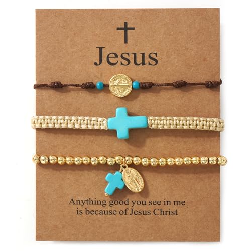 Christian Cross Jesus Pendant Charm Gold Rope String Beaded Bracelets Stack Set for Women,Handmade Bohemian Colorful Adjustable Jewelry,God Lucky Protection Friendship Gift - color: Blue