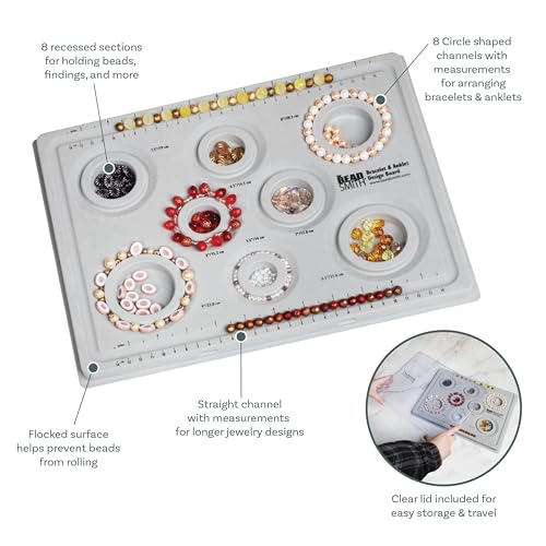 The Beadsmith Elements Bracelet & Anklet Design Bead Board –13.75 x 10.75 x 1 Inches – Removable Transparent Cover – Flocked Surface, Multiple Channels & Printed Ruler – for Jewelry Making - size: Bracelet Board - 9 Channel