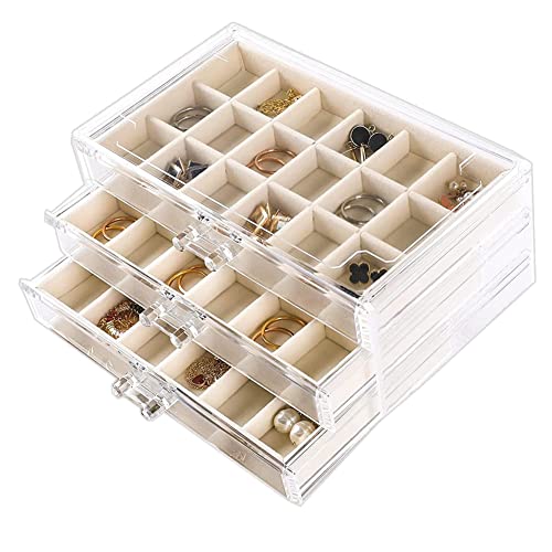 YUFONG Earring Organizer Box Acrylic Jewelry Organizer with 3 Drawers 54 Adjustable Grids Clear Stackable Earring Holder Velvet Trays Ring Display Case for Women Girls (Beige) - color: Beige