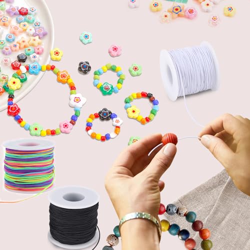 Stretchy String for Bracelets, 3 Rolls 1 mm 495 Feet Sturdy Elastic String Cord for Jewelry Making, Necklaces, Beading and Crafts (1.0mm (Black&Wihte&Rainbow)) - size: 1.0mm (Black&Wihte&Rainbow)