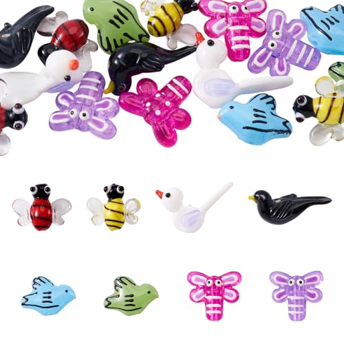 Beadthoven 16pcs Bird Handmade Lampwork Glass Beads Cartoon Bee Bird Shaped Glass Bead Charm Mixed Vintage Flying Animals Spacers for Jewelry Making DIY Bracelet Necklace Earrings Supplies - color: Bird & Bee