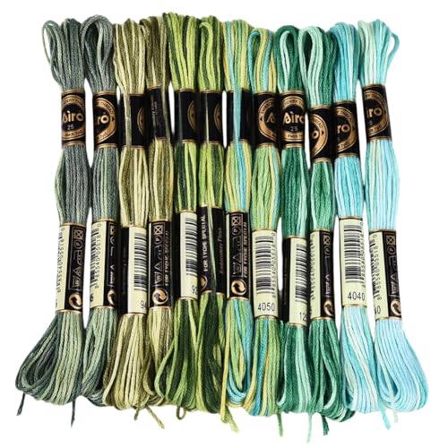 12 Skeins 105 Yards Green Embroidery Thread Variegated Cross Stitch Floss Bulk 6 Ply Polyester Yarn Colorful Friendship Bracelet String for Sewing Making Needlecraft Knitting Stitching DIY - color: Forest Green