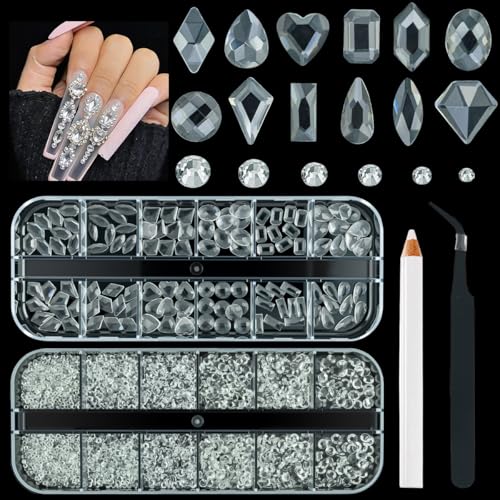 qiipii Transparent Clear Rhinestones for Nails Multi Shapes Crystal Flatback Rhinestones Gems Round Beads Glass Stones Diamonds Jewels for Nails Face Eyes Makeup Shoes Crafts Tumblers Bottles - color: Transparent Clear, size: A Set