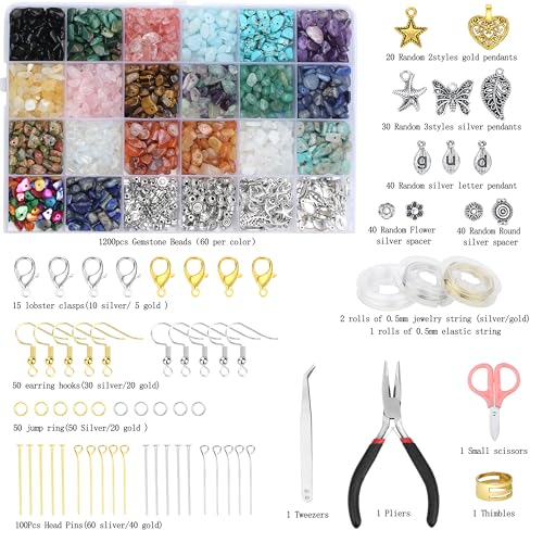 LAIDANLA Jewelry Making Supplies Kit for Adults 1612 Pcs Irregular Natural Stone Gemstone Chip Beads Jewelry Making Kits for Women 20 Colors Jewlery Kit for Craft DIY Bracelet Earring Ring Gifts